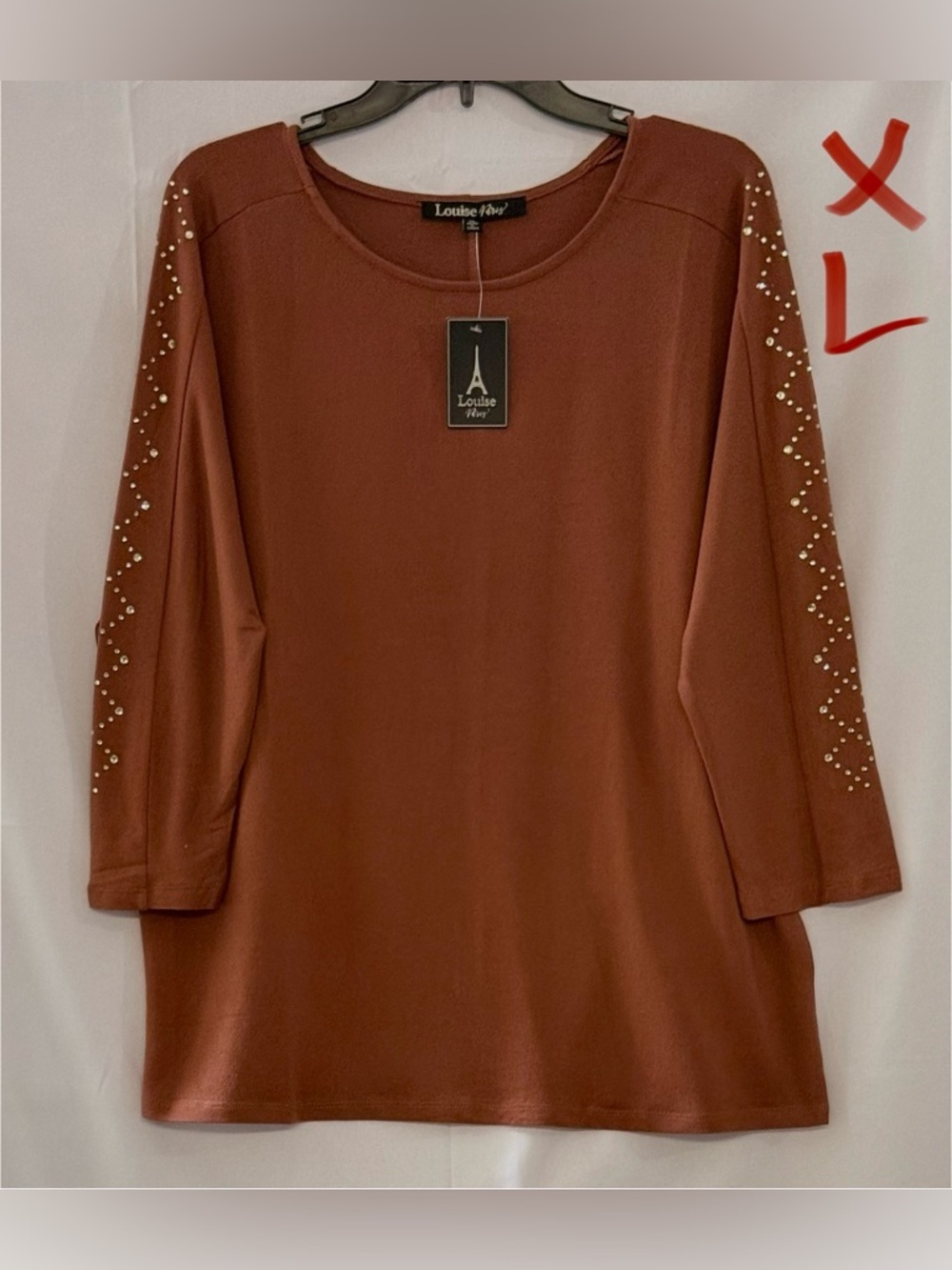 Louise Fay Pearl-Embellished Long Sleeve Tee in Rust